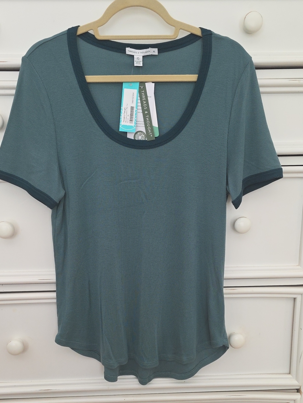 Threads 4 Thought Short Sleeve Scoop Tee in Dusty Teal with Dark Teal Trim NWT